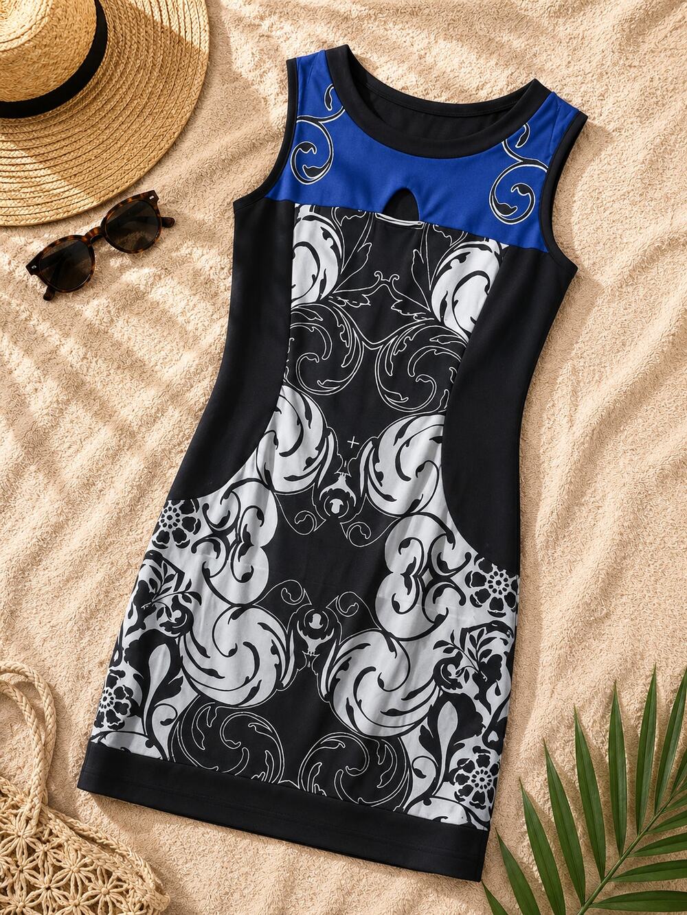 Joseph Ribkoff Women's Round Neck Sheath Dress Black White Blue Floral Size 12